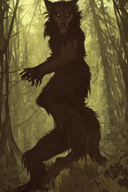 Prompt: fullbody portrait of a werewolf, bared teeth, long claws, by greg rutkowski and alphonse mucha, gradient brown to silver, in front of a forest at night background, highly detailed portrait, digital painting, artstation, concept art, smooth, sharp focus illustration