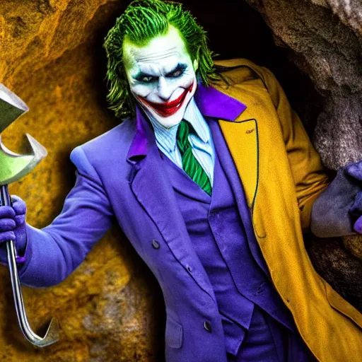 Image similar to cinematic shot of the joker wearing a miner helmet and holding a pickaxe in a cave full of shiny bright minerals, 8 k, very detailed, very intricate,