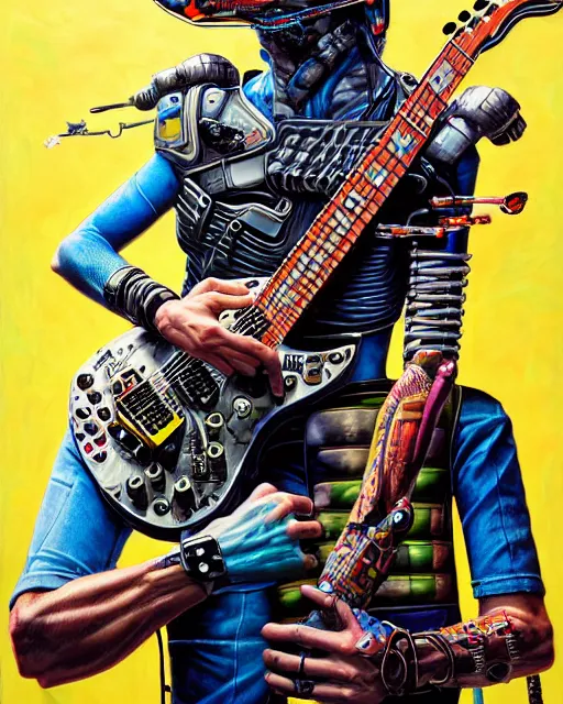 Prompt: a portrait of an anthropomorphic cyberpunk turtle shredding an electric guitar by sandra chevrier, by jon foster, detailed render, tape deck, epic composition, cybernetics, 4 k realistic, cryengine, realistic shaded lighting, sharp focus, masterpiece, by enki bilal