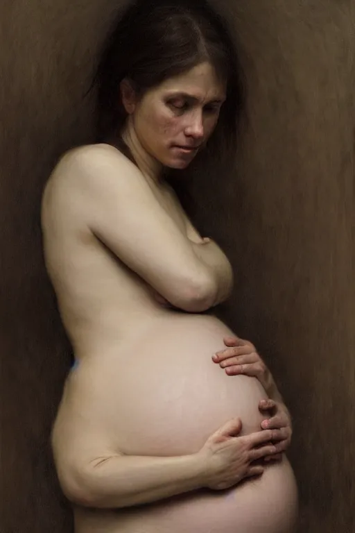 Image similar to pregnant woman in dystopia by Alyssa Monks, Bouguereau. Hyper realism, realistic proportions, dramatic lighting, high detail 4k