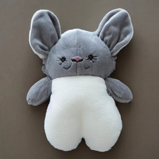 Prompt: a cute plush toy made to look like a sleeping baby wearing a grey fluffy bunny sleep suit