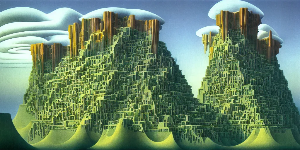 Image similar to huge gargantuan angular building by escher and ricardo bofill. utopian landscape by roger dean. magical realism, surrealism, waterfalls, clouds, trending on artstation, shot from below,