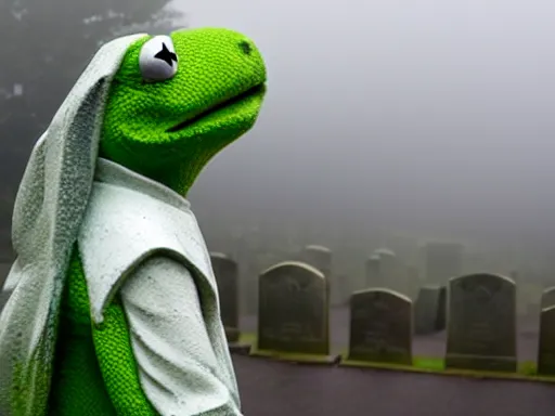 Image similar to A marble memorial statue of Kermit the frog at the graveyard, foggy day