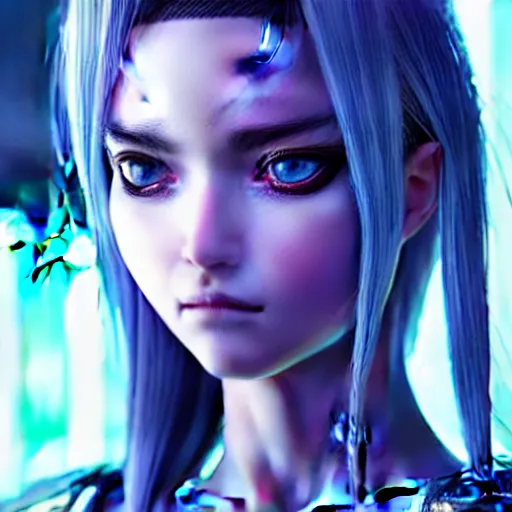 Image similar to An hyperrealistic portrait painting of a cyber warrrior girl, blue and ice silver color armor, ultradetailed face expression by WLOP and Nixeu, cyberpunk color feel raining at tokyo midnight rooftop, unreal 5, DAZ, 8k, hyperrealistic, octane render, cosplay, RPG portrait, final fantasy artwork concept, dramatic lighting, rim lights, PS5 render quality