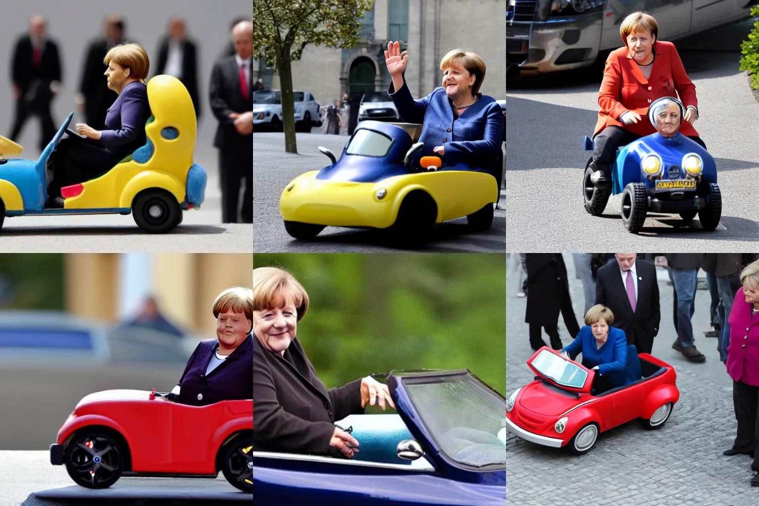 Prompt: angela merkel riding in a little toy car