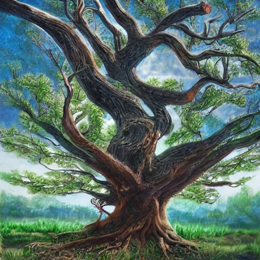 Image similar to A 100 year old tree, fantasy painting, lots of detail