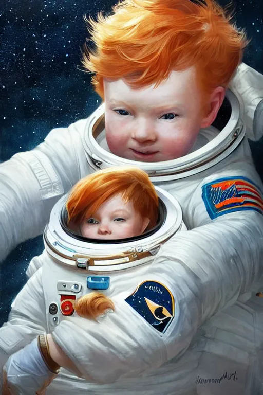 Image similar to a little boy with ginger hair floating in space, surrounded by stars. he is an astronaut, wearing a space suit. clean elegant painting, beautiful detailed face. by raymond swanland and artgerm and greg rutkowski