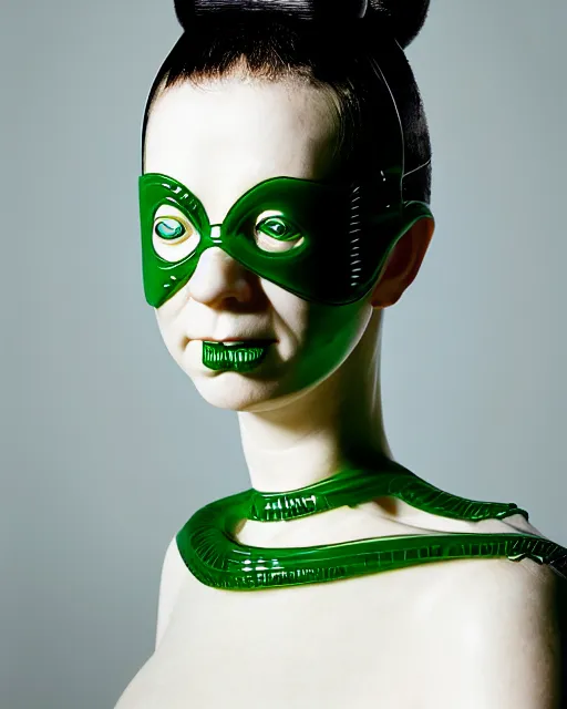 Prompt: portrait of a woman wearing a green embroidered translucent silicone mask and white frizzy hair buns, wearing a black bodysuit by alexander mcqueen, cream white background, soft diffused light, biotechnology, humanoide robot, bjork aesthetic, translucent, by rineke dijkstra, intricate details, highly detailed, masterpiece,