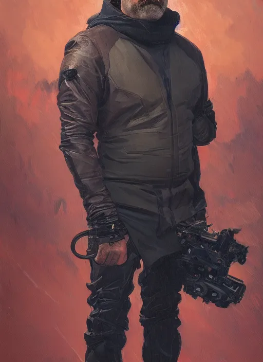 Image similar to a full body portrait oil painting illustration of nick offerman by justin sweet and greg rutkowski and alphonse mucha with face and body clearly visible, techwear, futuristic, cyberpunk, artstation trending, high quality, sombre mood, artstation trending, abstract colours, no crop, entire character!,