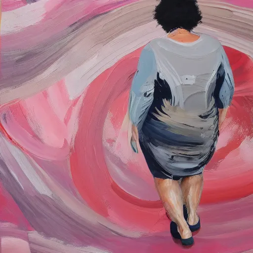 Image similar to _ in _ these _ paintings _ we _ see _ a _ big and tall _ woman _ who _ seem _ to _ be _ walking _ in _ circles in a busy void space, 4 k, in the style of ben quilty, hyper realism, minimal pink palette, medium shot, oil paint with thick brushstrokes of paint, impasto, detailed,