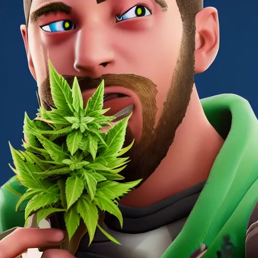 Image similar to close up photograph of very high on weed fortnite guy, stoner eyes, fortnite guy smoked weed, weed background, smoking a blunt, 8 k resolution