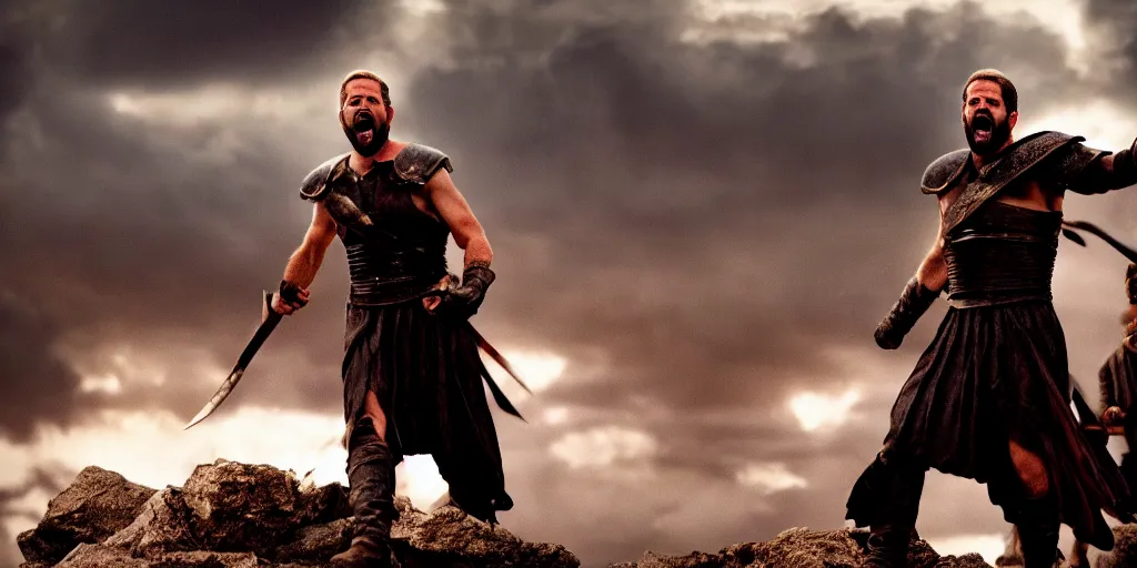 Image similar to cinematic film still of joe biden as leonidas shouting in 3 0 0 movie, 8 k, epic moody sky, dramatic lighting