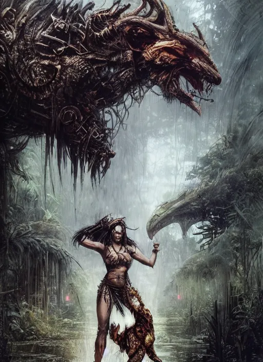 Prompt: a beautiful cute tribal woman riding a mutated jaguar in a post apocalyptic city overgrown with lush vegetation, by Luis Royo, by Greg Rutkowski, dark, gritty, intricate, backlit, strong rimlight, cover illustration, concept art, volumetric lighting, volumetric atmosphere,sharp focus, octane render, trending on artstation, 8k