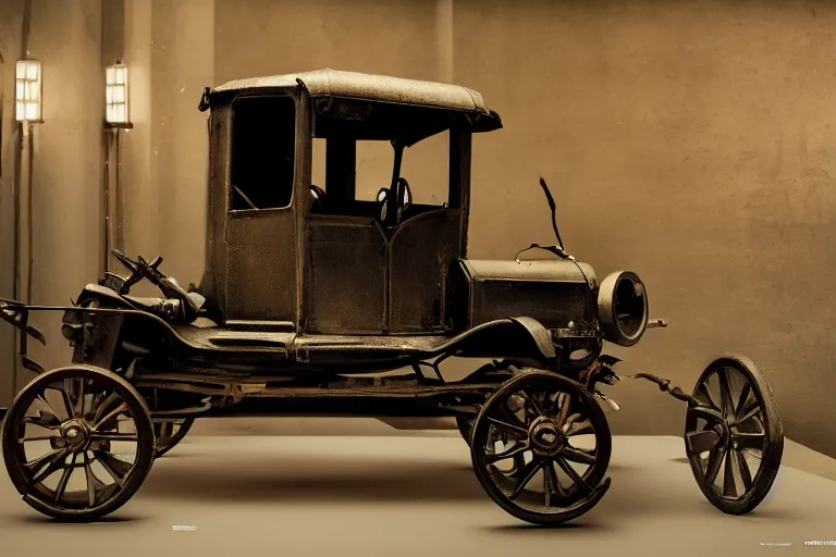 Image similar to cyberpunk 1 9 0 8 model ford t, volumetric lighting, in a museum, museum exhibit, museum lighting, 9 0 s film photo