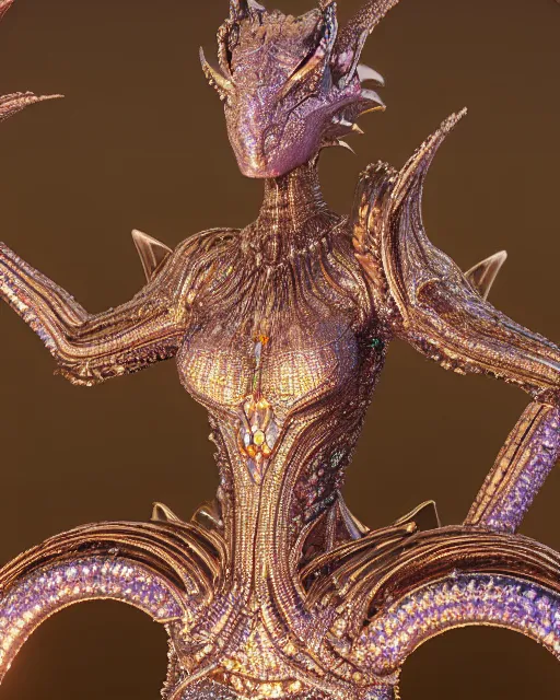 Prompt: a highly detailed metahuman 4 k close up render of an alien goddess bella hadid monument dragon in iris van herpen dress schiaparelli in diamonds crystals swarovski and jewelry iridescent in style of alphonse mucha gustav klimt trending on artstation made in unreal engine 4