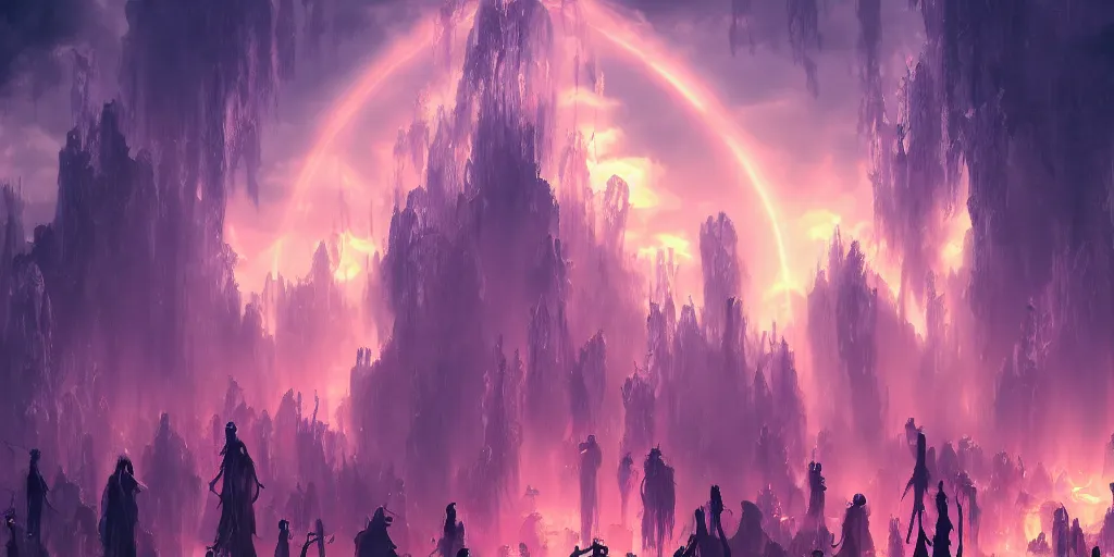 Prompt: [ palate ] [ vibrant gothic colors ] lost alien souls congregating and waiting in line at heaven's gates, vibrant neon nebulous clouds, radiant light rays, photorealistic illustration, intricate and fine details, volumetric lighting, artstation, god figure at the gate