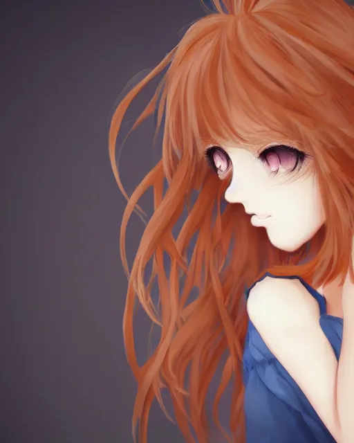 Image similar to happy cute teenage girl Portraits.Closeup of the pretty Anime girl's side face with her head slightly raised.Slightly curly Orange flowing hair by WLOP and VOFAN and mika pikazo,yoneyma Mai