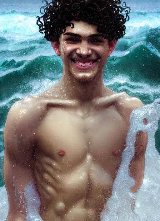 Prompt: portrait of teenage poseidon rising from ocean, greek, short curly blonde hair, mad smile, wearing a wet white sash, elegant, crashing waves, storm, glowing lights, volumetric lighting, highly detailed, digital painting, artstation, concept art, smooth, sharp focus, illustration, art by wlop, mucha, artgerm, and greg rutkowski