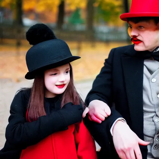 Prompt: A thin man in a black coat and bowler hat talks with small young girl dressed in a red coat and a red hat, park, autumn, Berlin, in style of Henry Matisse , wide angle, high detail, width 768