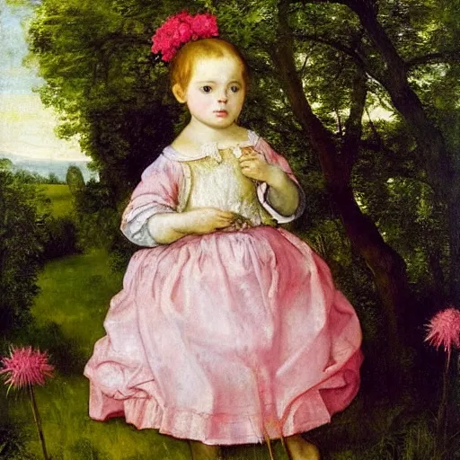 Prompt: by eugene delacroix, by lucas cranach the elder graceful. a conceptual art of a young girl with blonde hair, blue eyes, & a pink dress. she is standing in a meadow with flowers & trees.