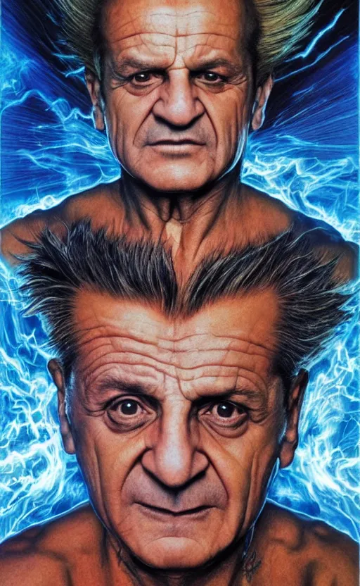 Prompt: joe pesci going super sayan by alex grey, surrealist, 8 k, fantasy, dark, highly detailed