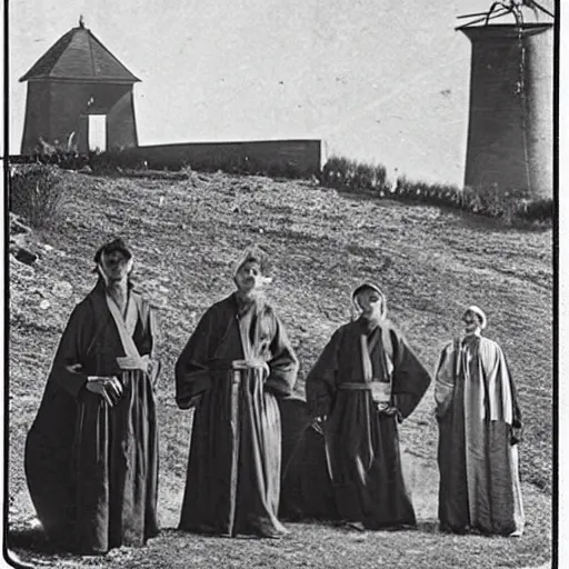 Image similar to worshippers dressed in robes belonging to the cult of the windmill. Dilapidated 1800s windmill. 1800s photo.