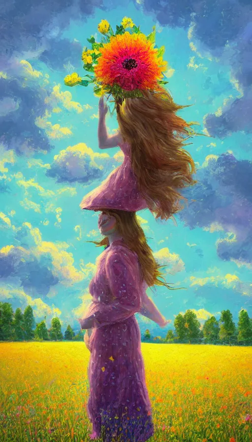 Image similar to girl with giant flower as a face and flower dress, standing in a flower field hills, big trees, sunrise dramatic light, impressionist painting, colorful clouds, digital painting, pointillism, artstation, simon stalenhag