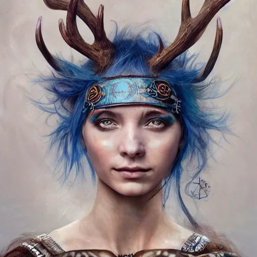 Image similar to A young female shaman, blue hair and antlers on her head. blindfolded, heilung, in the style of Heather Theurer, headshot photoshoot, insanely detailed and intricate, beautiful, elegant, cinematic toplight, portrait, headroom, artstation, made by karol bak, karol bak, karol bak