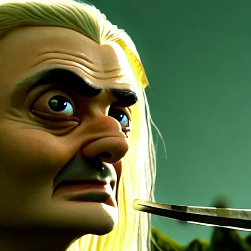 Image similar to mr. bean as legolas from lord of the rings. movie still. cinematic lighting.