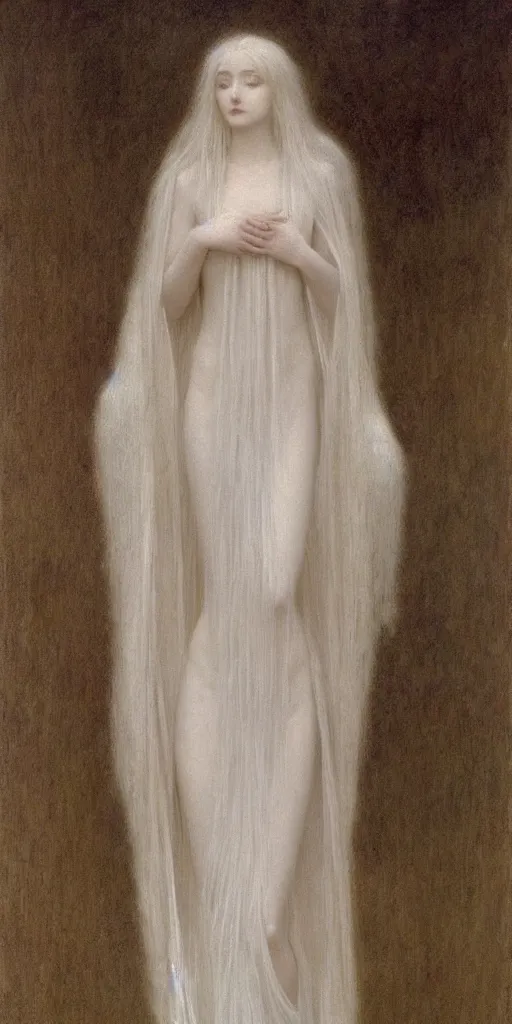 Prompt: Say who is this with silver hair so pale and Wan and thin? Beautiful lone single feminine angel in the style of Jean Delville, Lucien Lévy-Dhurmer, Fernand Keller, Fernand Khnopff, oil on canvas, 1896, 4K resolution, aesthetic, mystery