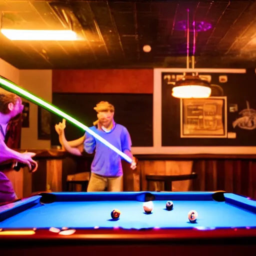 Prompt: Jedi playing pool using lightsabers as cues, in a hazy dive bar