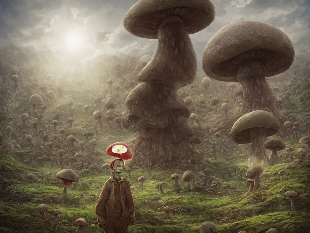 Image similar to A centered chest up portrait of an anthropomorphic mule, magic mushroom village in background, award winning. superb resolution. in the art style of junji Ito and greg rutkowski . Mule, Mule. Detailed Mushroom city in background. Hyper realistic anime. Perfect art. Dalle2