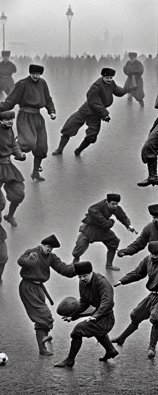 Prompt: ukrainian cossacks play football in london, early 2 0 th century, rain, realistic, hyper detail, dynamic, in john baeder style, many details, super realistic, high quality, 8 k