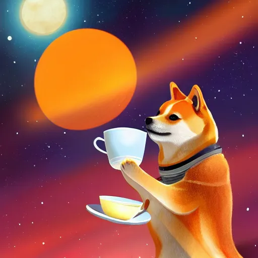 Prompt: a digital painting of a shiba inu astronaut drinking a cup of coffee in space. colorful sky full of stars, gas nebula ans galaxies. 8 k ultra hd, sharp and coherent, trending on artstation, extremely detailed, reveal lighting