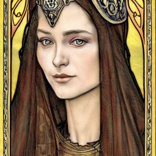 Image similar to detailed realistic beautiful young medieval queen face portrait by tony diterlizzi, art nouveau, symbolist, visionary, gothic, pre - raphaelite