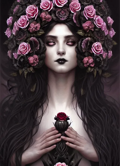 Prompt: perfectly detailed goth goddess of black rose flowers!! blessed by nature with ever - increasing physical mental perfection, symmetrical! intricate, sensual features, highly detailed, biblical divine holy perfection!! digital painting, artstation, concept art, smooth, sharp focus, illustration, art by artgerm and greg rutkowski and alphonse mucha