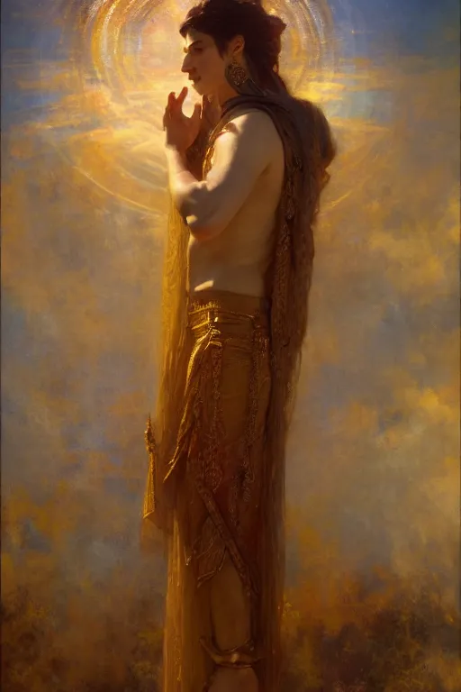 Prompt: full body portrait of a beautiful ethereal delicate mage king meditative pose, highly detailed painting by gaston bussiere, craig mullins, j. c. leyendecker, 8 k, mid shot