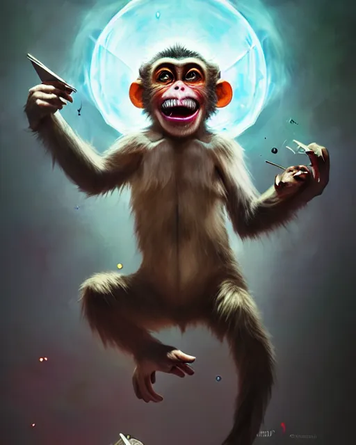 Image similar to Monkey Mad Scientist, laughing, D&D, artstation, fantasy, magic the gathering artwork, cinematic lighting, centered, symmetrical, highly detailed, digital painting, , concept art, smooth, sharp focus, illustration, volumetric lighting, epic Composition, 8k, art by Akihiko Yoshida and Greg Rutkowski and Craig Mullins, oil painting, cgsociety