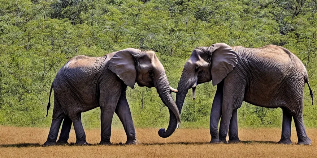 Image similar to photo of an elephant with trees growing from it top spine, in the background, a dead field of cut down trees