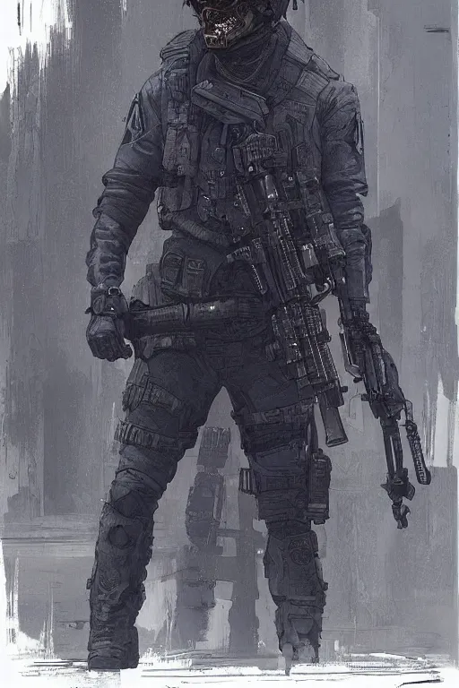 Image similar to ghost. smug blackops mercenary in near future tactical gear and cyberpunk headset. Blade Runner 2049. concept art by James Gurney and Mœbius.