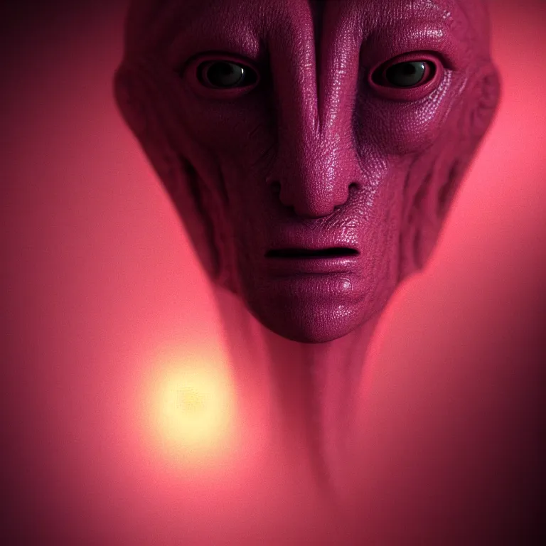 Prompt: closeup portrait of a ribbed pink alien by hieronymus bosch, soft glow bloom lucid dream - like ethereal atmosphere, baroque portrait painting, perfect composition, beautiful intricate detailed octane render trending on artstation, 8 k artistic photography, volumetric cinematic perfect light, chiaroscuro, masterpiece, raphael, caravaggio, rutkowski, beeple, beksinski