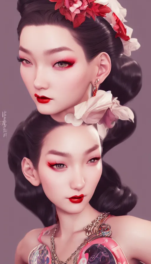 Image similar to a pin up and beautiful fashion and charming and dreamlke asian girl, lv jewelry, art by artgerm & jeehyung lee & wlop, hyperdetailed, 8 k realistic, symmetrical, frostbite 3 engine, cryengine, dof, trending on artstation, digital art