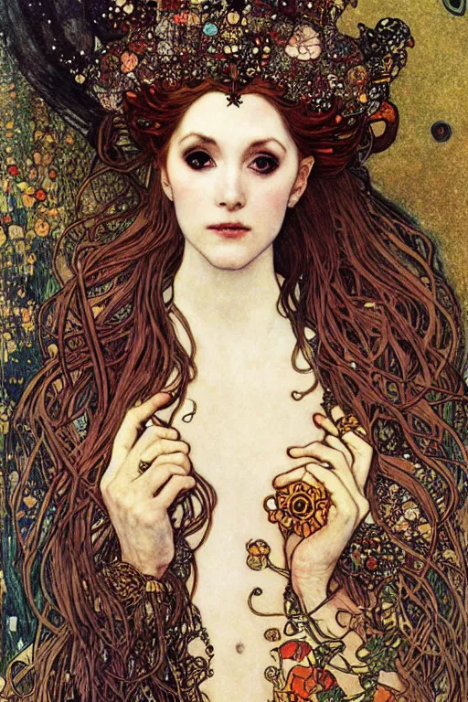 Image similar to Elven Queen by (Gustav Klimt), ((Alphonse Mucha)), Ayami Kojima, and ((Arthur Rackham))