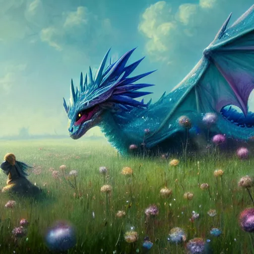 Prompt: beautiful digital fantasy illustration of a closeup adorable giant fluffy feathered sparkling pearlescent pastel dragon sitting alone in a flower meadow, concept art by greg rutkowski, anato finnstark, and rebecca guay, highly detailed, soft lighting, rendered in octane