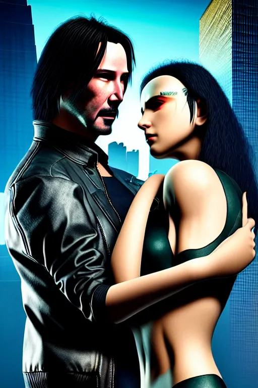 Image similar to cyberpunk 2077 couple portrait of Keanu Reeves and V in love story, fantasy, captivating dynamic facial expression, intricate, elegant, dramatic lighting, emotionally evoking symbolic metaphor, highly detailed, lifelike, photorealistic, digital painting, artstation, concept art, smooth, sharp focus, illustration, art by John Collier and Albert Aublet and Krenz Cushart and Artem Demura and Alphonse Mucha