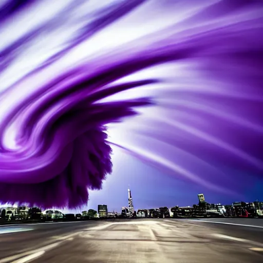 Image similar to A photograph of two extremely beautiful amazing purple tornados entering tokyo award-winning UHD 4K