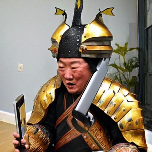 Prompt: Genghis Khan dressed in full armor plays his Nintendo DS while crying cause he’s bad at Pokemon