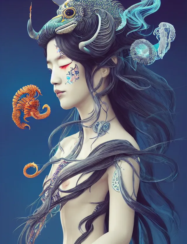 Image similar to 3 d slvic goddess half - turn portrait with long hair with ram skull. beautiful intricately detailed japanese crow kitsune mask and clasical japanese kimono. betta fish, jellyfish phoenix, bio luminescent, plasma, ice, water, wind, creature, artwork by tooth wu and wlop and beeple and greg rutkowski