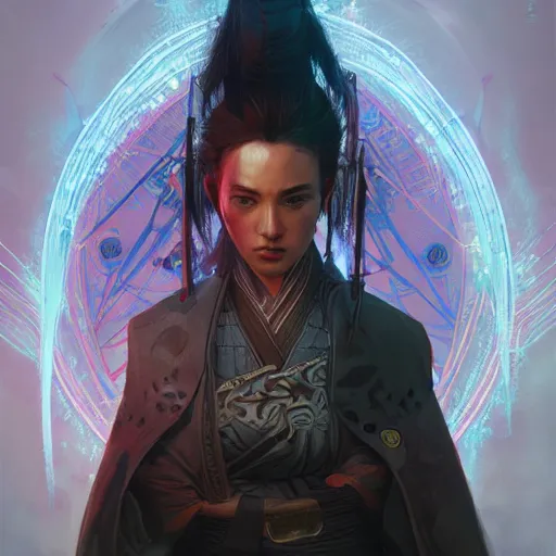 Image similar to cyberpunk samurai ,with techware , D&D, intricate, elegant, highly detailed, digital painting, japanese , altered carbon style,trending on artstation, concept art, illustration, art by Artgerm and Greg Rutkowski and Alphonse Mucha