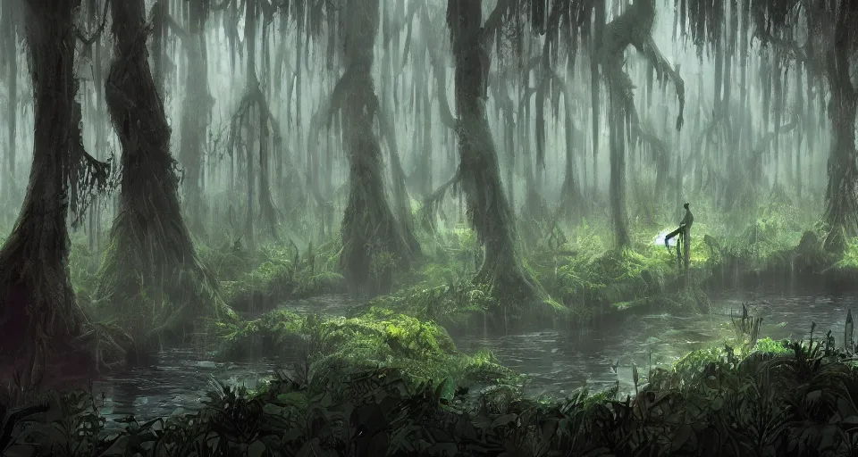 Prompt: A dense and dark enchanted forest with a swamp, by Pixar Concept Artists